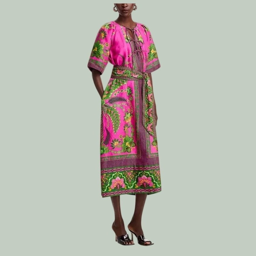 Farm Rio NWT SZ Sm Ana Tie Front Pink Floral Linen Blend Kaftan Midi Dress